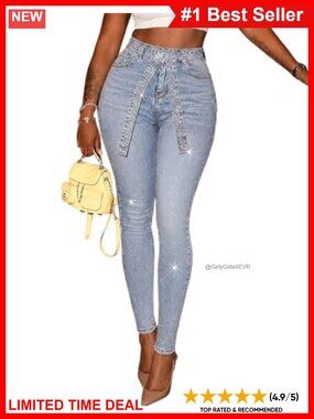 Rhinestone High Waisted Skinny Stretch Denim Jeans with Belt